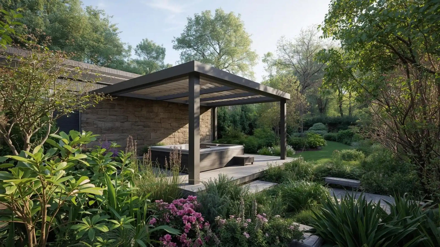 Pergola pour spa adossée à une maison sur une terrasse