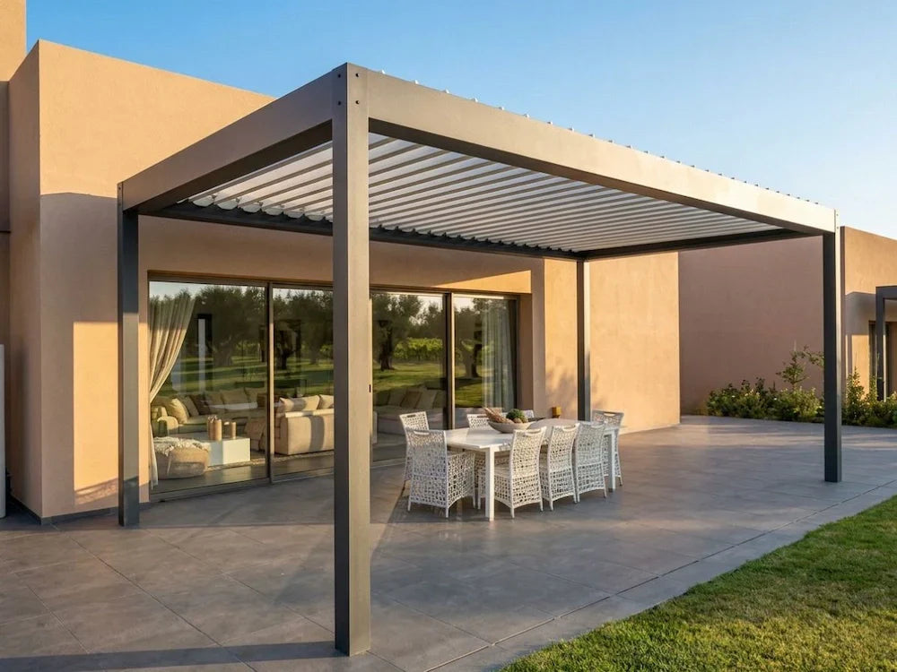 pergola bioclimatique aluminium 7x6 avec 4 poteaux installée sur maison architecte
