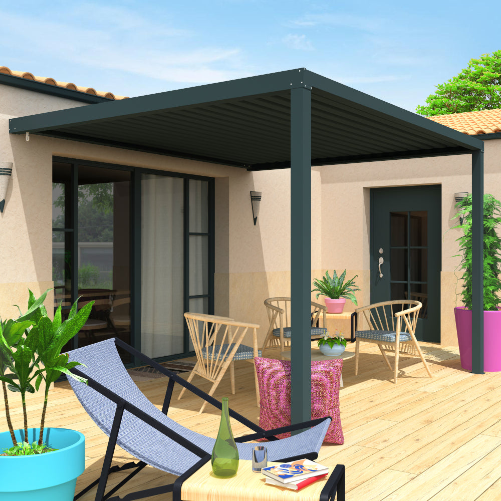 pergola bioclimatique adossée gris RAL 7016 terrasse mobilier jardin