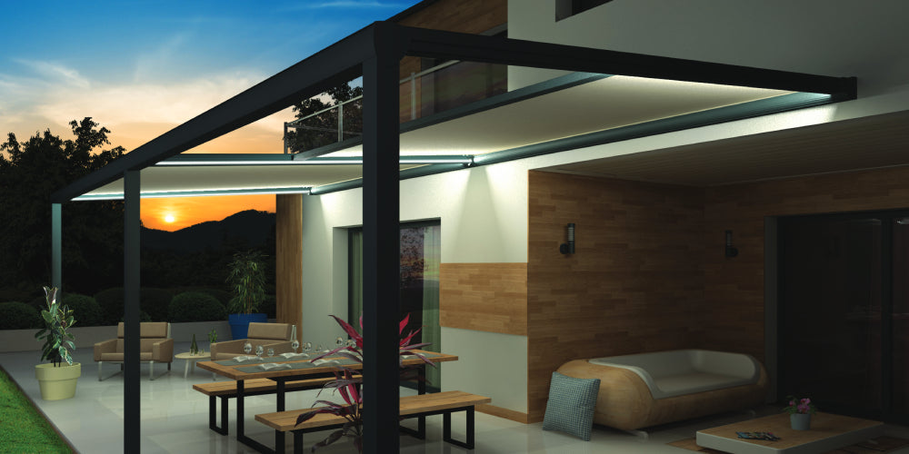 pergola toile adossée double travée éclairage LED