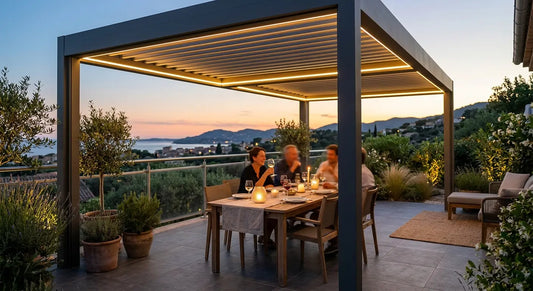 éclairage LED ruban pergola bioclimatique terrasse soirée