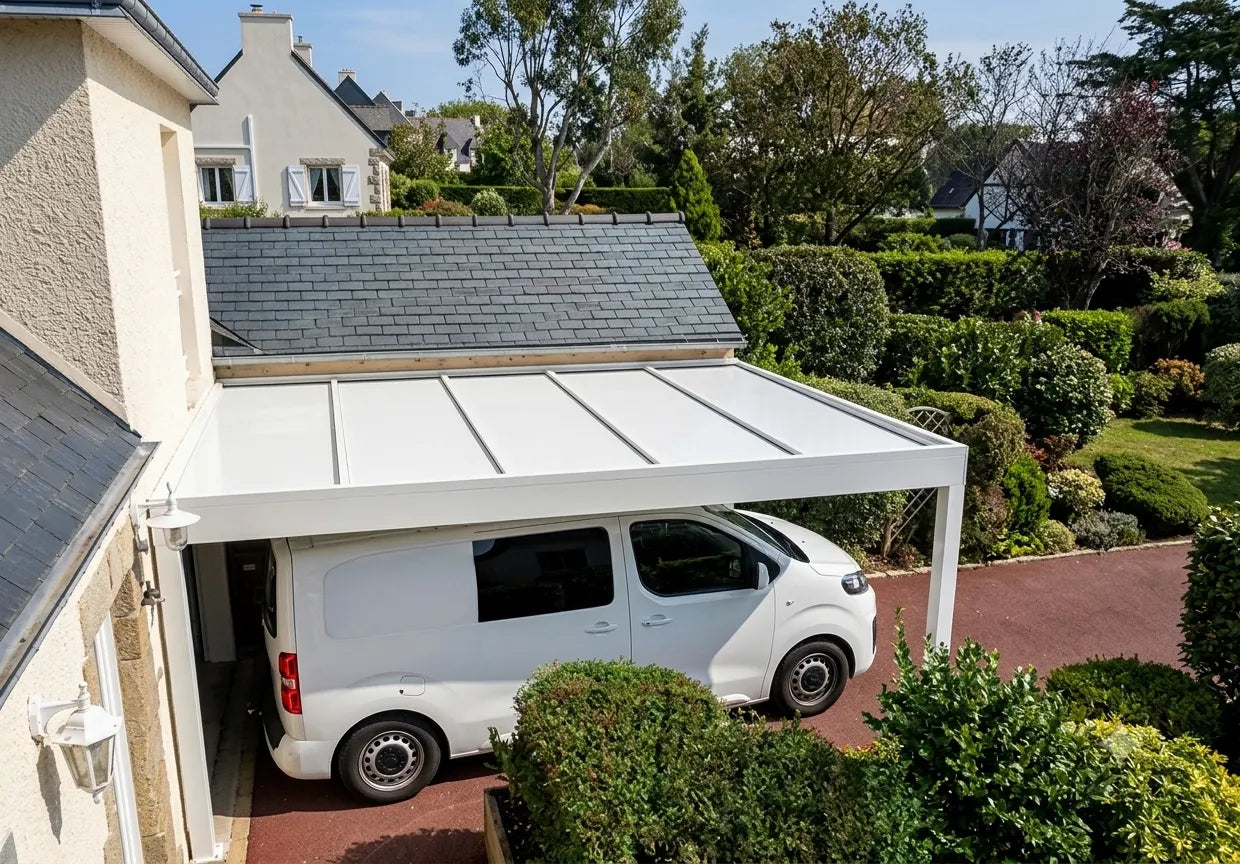 carport aluminium adossé à un garage abritant un minibus dans une allée