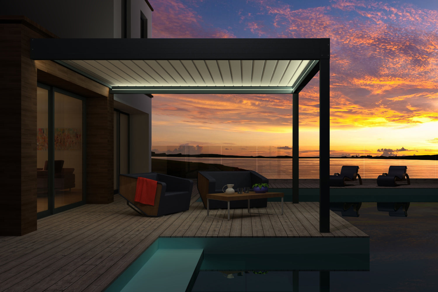 pergola bioclimatique kit led lames fermées terrasse bois maison design piscine coucher soleil